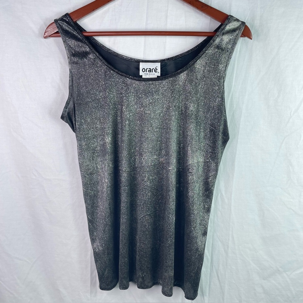 Vintage ORARE Women's Shiny Metallic Black Tank Top Blouse Size 12 USA Made